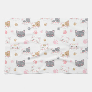 Kat ziet een glimlachend kattenpatroon theedoek