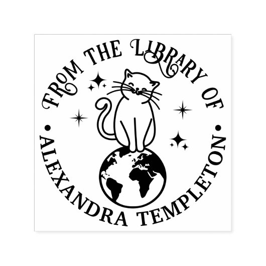 Kat zit bovenop de wereld #1 bibliotheek boeknaam  zelfinktende stempel (Design)