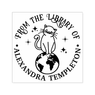 Kat zit bovenop Wereld #1 Bibliotheek Boek Naam Zelfinktende Stempel