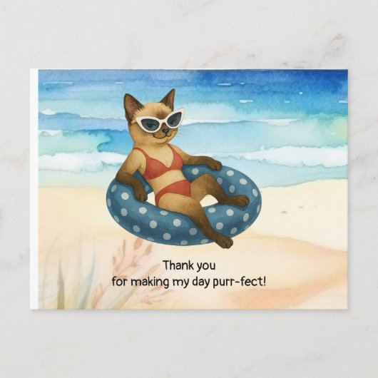 Kat zit op het strand dank je wel briefkaart (Voorkant)