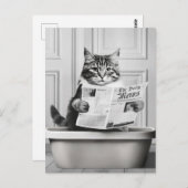 Kat zit op het toilet, kat leest nieuws briefkaart (Voorkant / Achterkant)