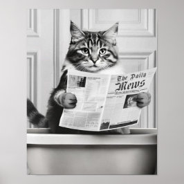 Kat zit op het toilet, kat leest nieuws poster