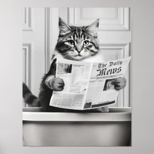 Kat zit op het toilet, kat leest nieuws poster