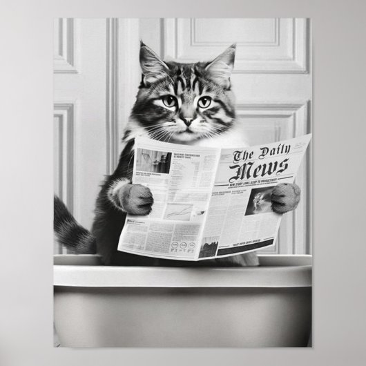 Kat zit op het toilet, kat leest nieuws poster (Voorkant)