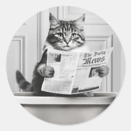 Kat zit op het toilet, kat leest nieuws ronde sticker