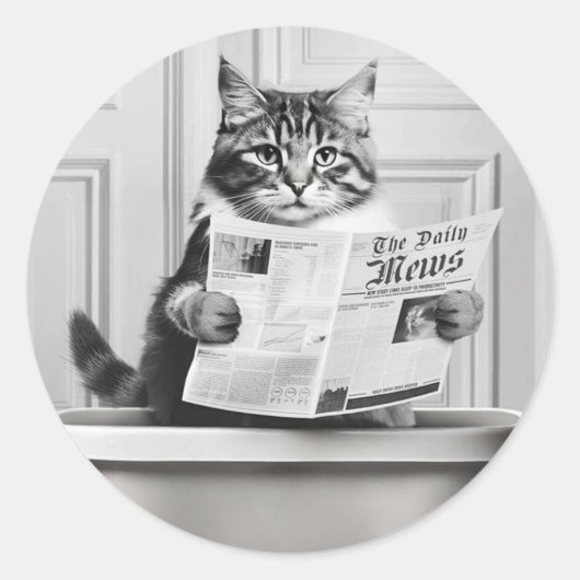 Kat zit op het toilet, kat leest nieuws ronde sticker (Voorkant)
