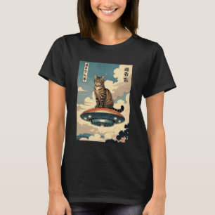 Kat zit op UFO Surreal Scene T-shirt, Cute Kat en T-shirt