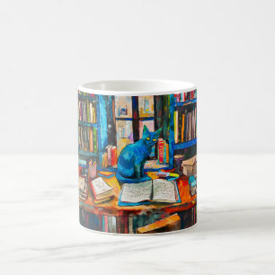 Kat zit tussen geopende boeken op tafel koffiemok