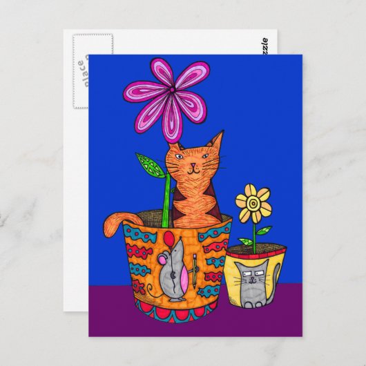 Kat Zitten in een Briefkaart met bloemen (Voorkant / Achterkant)