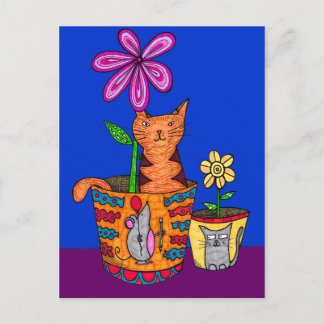 Kat Zitten in een Briefkaart met bloemen