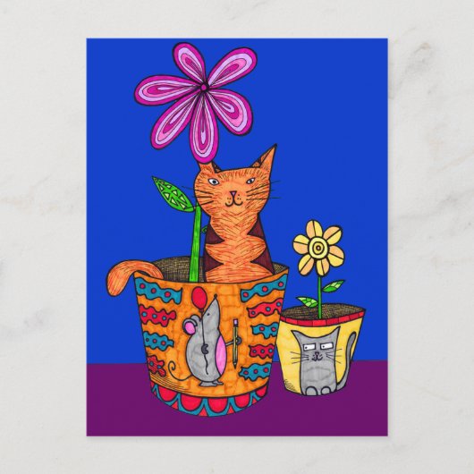 Kat Zitten in een Briefkaart met bloemen (Voorkant)