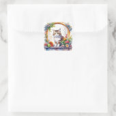 Kat Zittend in Venster met Bloemen Waterverf Vierkante Sticker (Tas)