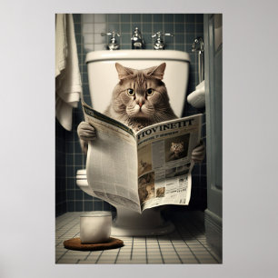 Kat Zittend op het toilet Een krant lezen Poster