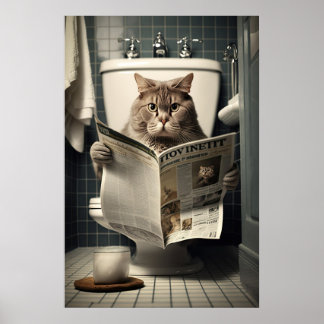 Kat Zittend op het toilet Een krant lezen Poster