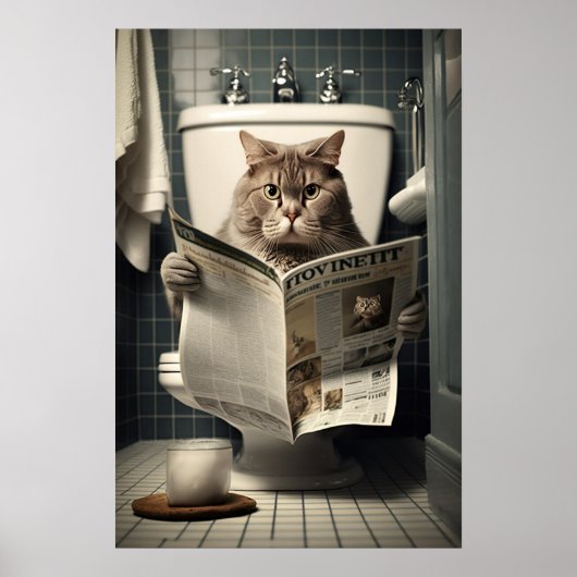 Kat Zittend op het toilet Een krant lezen Poster (Voorkant)