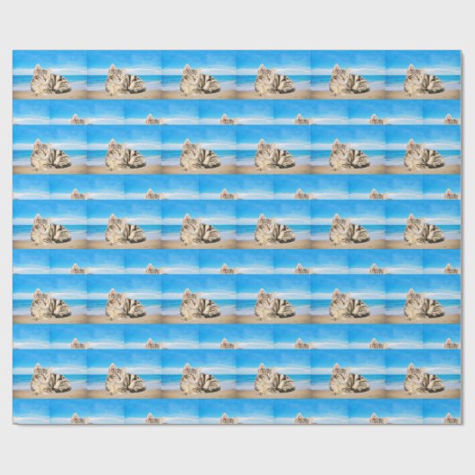 Kat Zittend op Tropical Island Beach Cadeaupapier (Vlak)