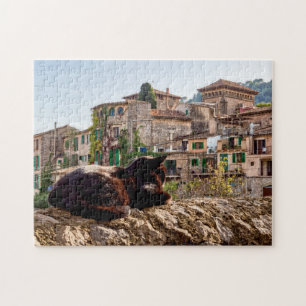 Kat zonnebaden aan de muur - Valldemossa, Mallorca Legpuzzel