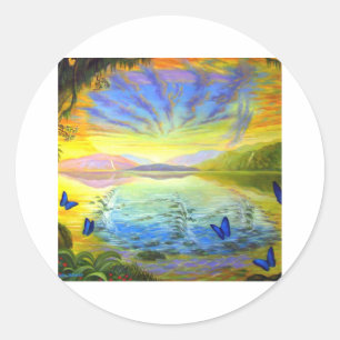 Kat, zonsopgang en rivier van het leven ronde sticker
