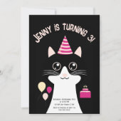 Kat zwart roze verjaardag uitnodiging kaart (Voorkant)