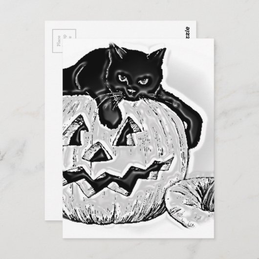 Kat Zwart Sinaasappel Pompoen Halloween Briefkaart (Voorkant / Achterkant)