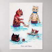 Kat zwemmen in het strand, Louis Wain Poster (Voorkant)