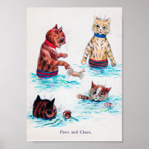 Kat zwemmen in het strand, Louis Wain Poster
