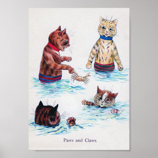 Kat zwemmen in het strand, Louis Wain Poster (Voorkant)
