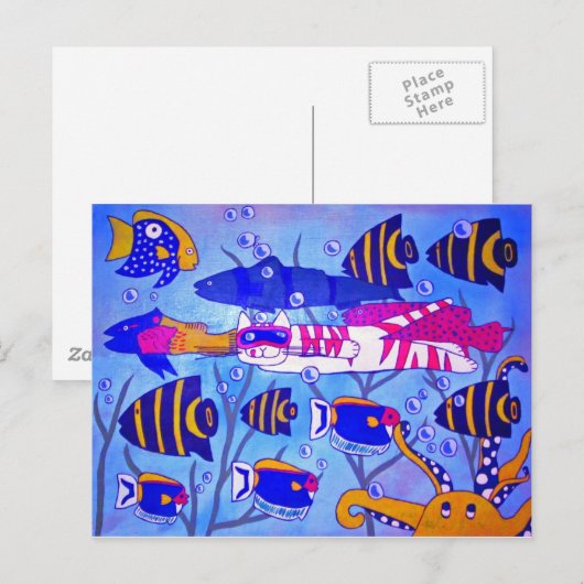 Kat zwemmen met vis briefkaart (Voorkant / Achterkant)