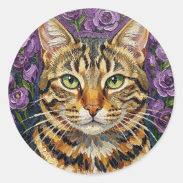 Katachtig en Bloemrijk | Schattige Artistieke Grij Ronde Sticker