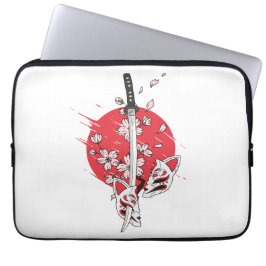 Katana cherry blossom fox mask laptop sleeve