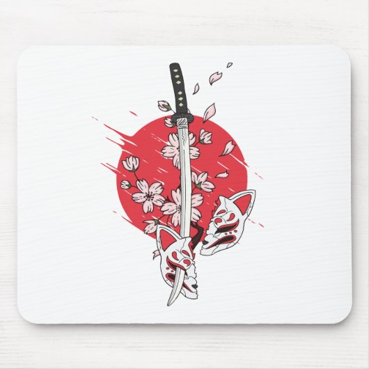 Katana cherry blossom fox mask muismat (Voorkant)