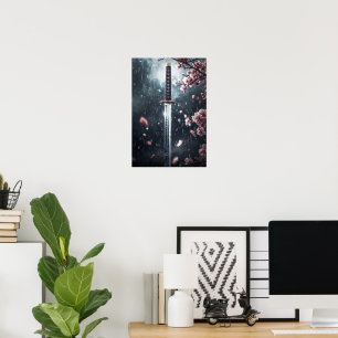 Katana zwaard met Sakura bloesems in de regen Poster