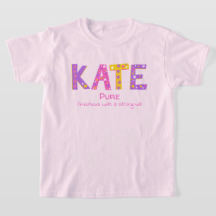 Kate naam betekent roze paarse gele bloemsterren t-shirt