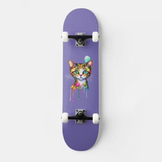 Kater Waterverf Kleurrijk Persoonlijk Skateboard (Voorkant)