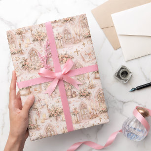 Kathedraal Bruiloft Watercolor Patroon in Roze Roo Cadeaupapier