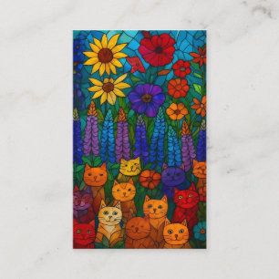 Kathedraal Glas-in-Lood Kat Kunst met Bloemen Visitekaartje