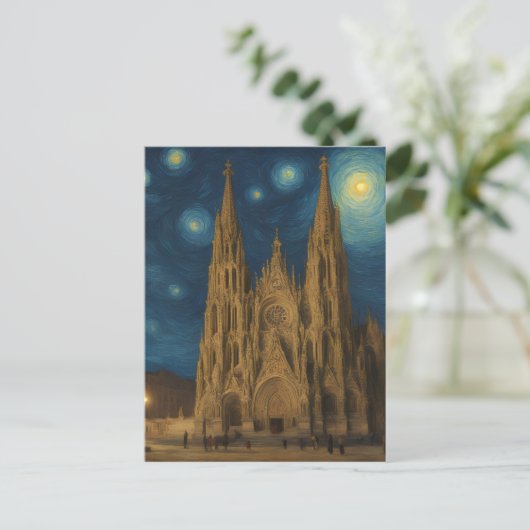 Kathedraal van Barcelona bij Night van Gogh Stijl Briefkaart (Staand voorkant)