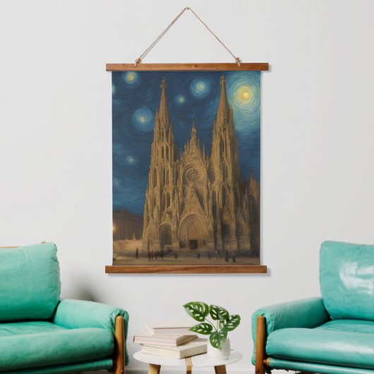Kathedraal van Barcelona bij Night van Gogh Stijl Hangend Wandkleed (Woonkamer)