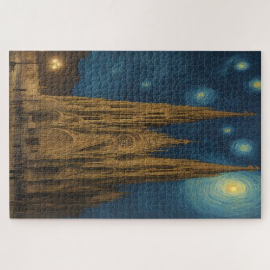 Kathedraal van Barcelona bij Night van Gogh Stijl Legpuzzel (Horizontaal)