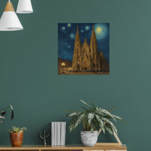 Kathedraal van Barcelona bij Night van Gogh Stijl Poster