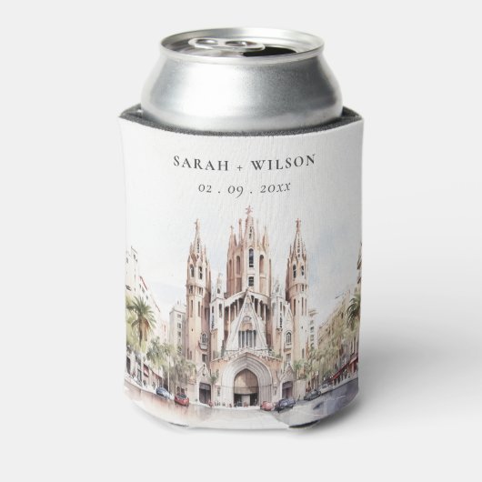 Kathedraal van Barcelona Spanje Waterverf Bruiloft Blikjeskoeler (Blikje Achterkant)