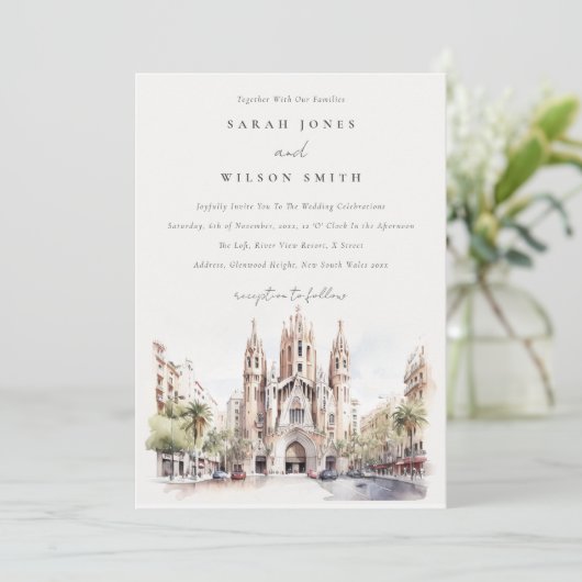 Kathedraal van Barcelona Spanje Waterverf Bruiloft Kaart (Staand voorkant)