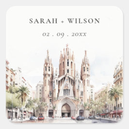 Kathedraal van Barcelona Spanje Waterverf Bruiloft Vierkante Sticker
