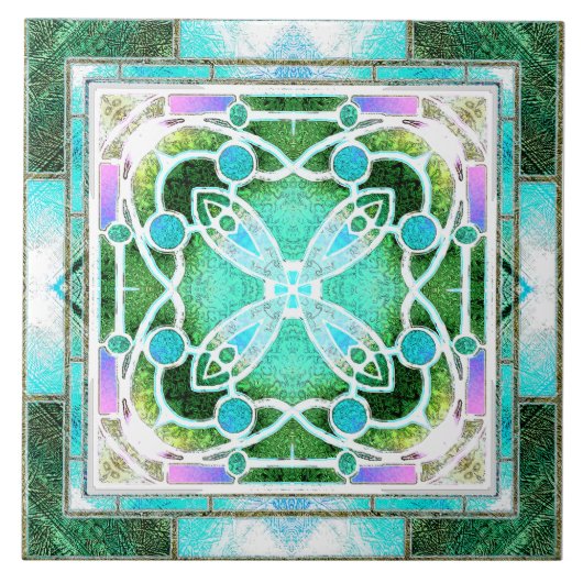 Kathedraal van Glazen in lood Raam in Groen en Mun Tegeltje (Voorkant)