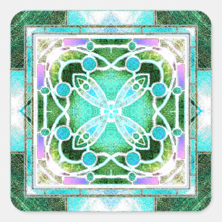 Kathedraal van Glazen in lood Raam in Groen en Mun Vierkante Sticker