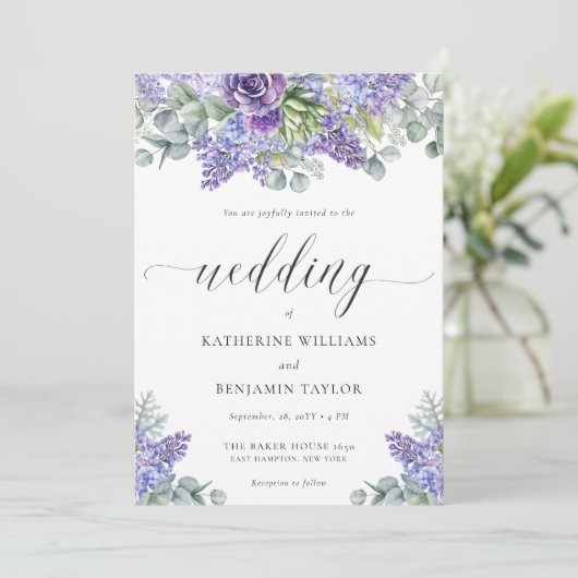 Katherine Elegant Script Floral Lavender Wedding Kaart (Staand voorkant)
