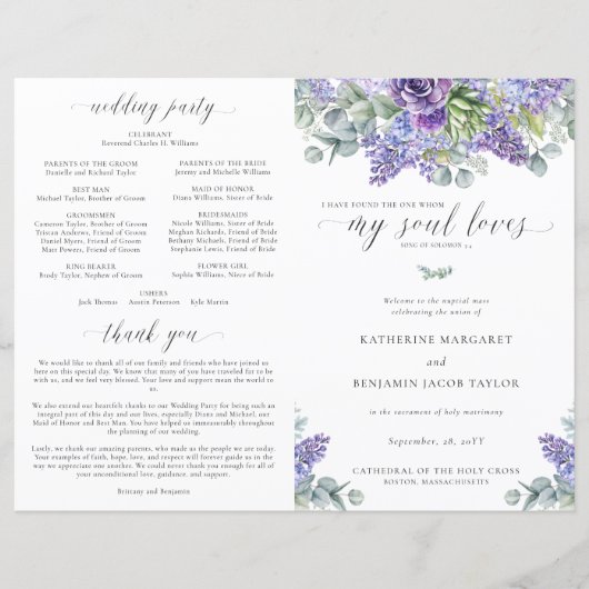 Katherine Lavender Katholieke Wedding Mass Program (Voorkant)