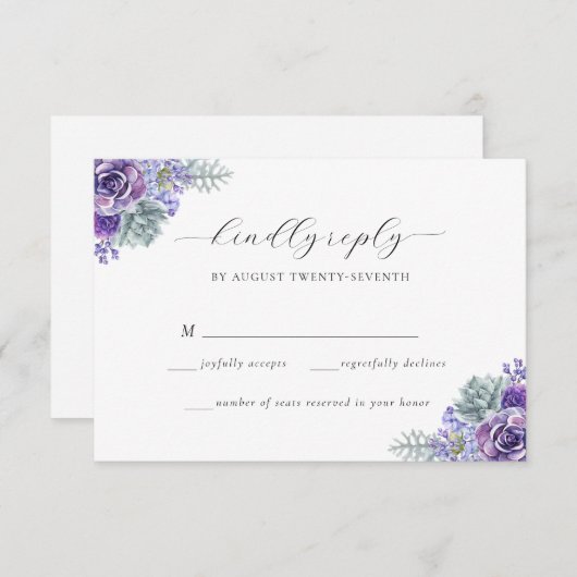 Katherine Paarse Floral Script Wedding RSVP Kaart (Voorkant / Achterkant)