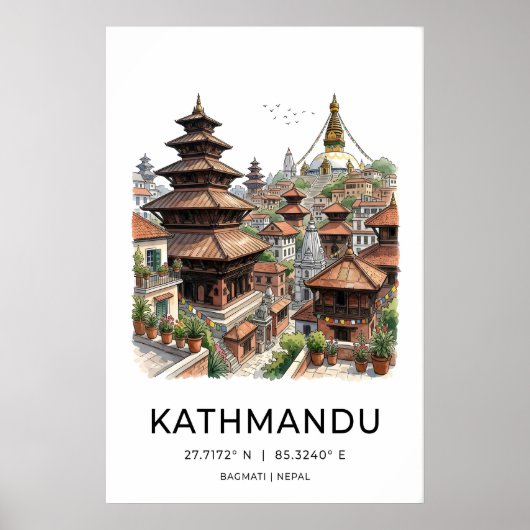 Kathmandu-muurkunst Inktlijntekening - Pagodes en Poster (Voorkant)