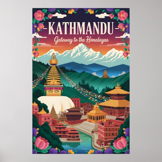 Kathmandu Nepal Retro Reisposter Kunst Poster (Voorkant)